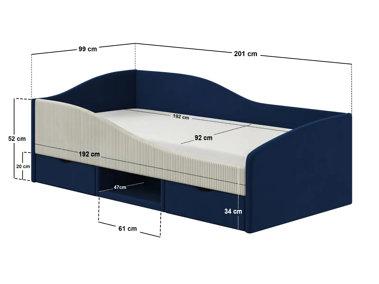 Dimensions diagram for Flair Aubrey Velvet Storage Low Sleeper Bed with Beige Cord Blue