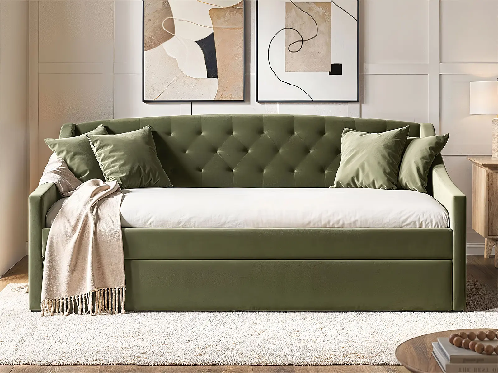 Flair Aurora Daybed with Trundle Khaki Green Velvet