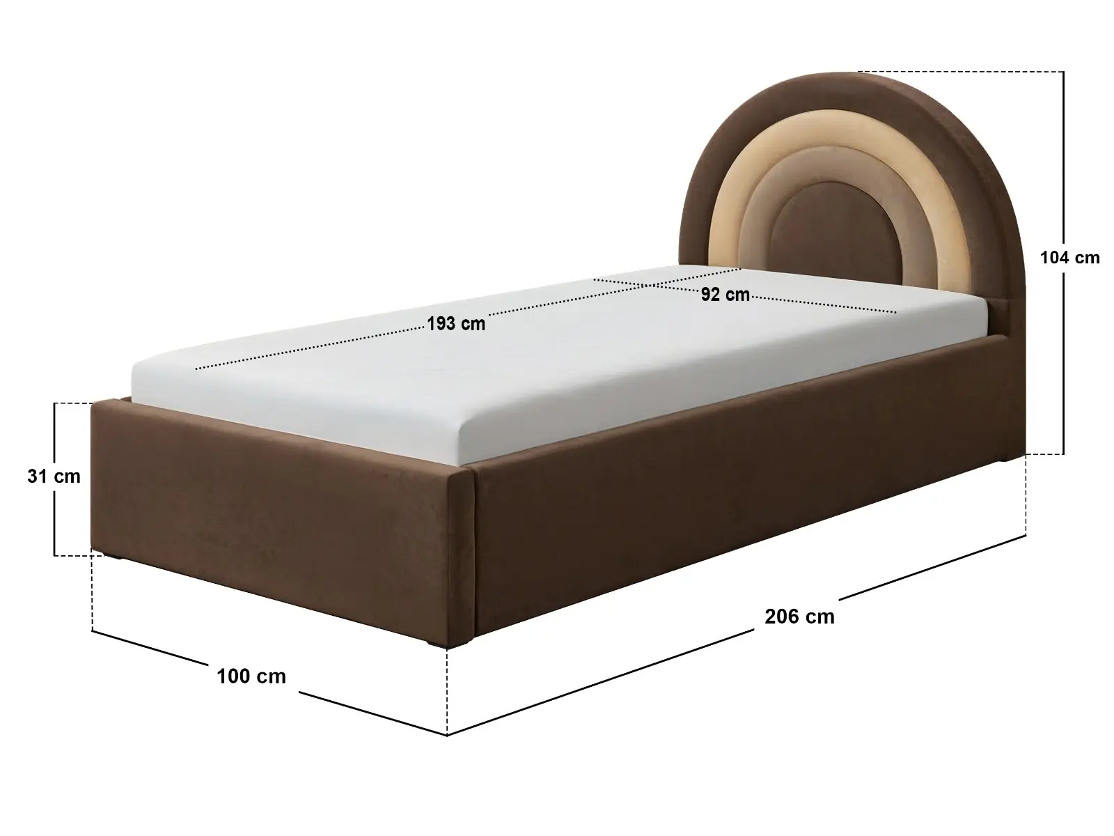 Dimensions diagram for Flair Ava Single Velvet Ottoman Bed Brown