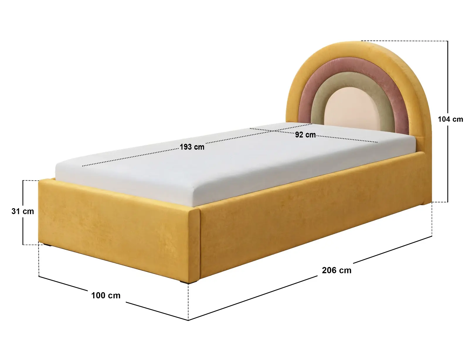 Dimensions diagram for Flair Ava Single Velvet Ottoman Bed Mustard