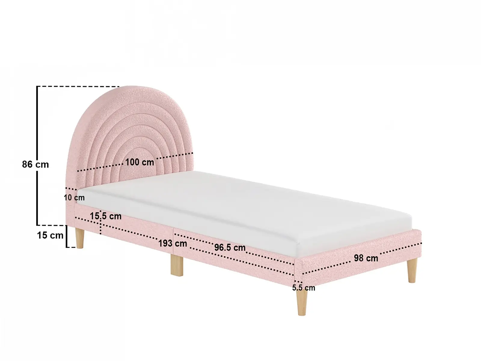 Dimensions diagram for Flair Ava Single Rainbow Bed Frame Pink Boucle 