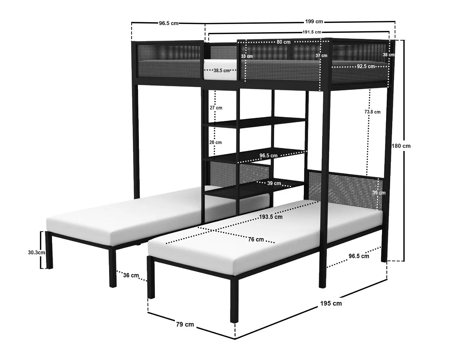 Dimensions diagram for Flair Axton Triple Bunk Bed with Shelves Black Metal