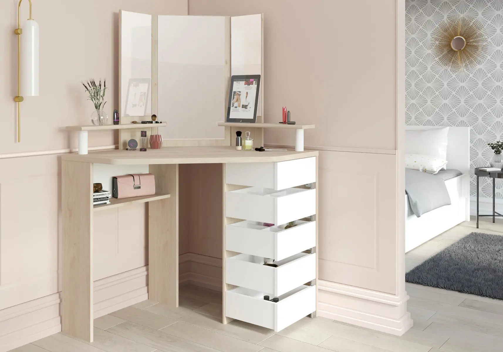 White and oak corner dressing table