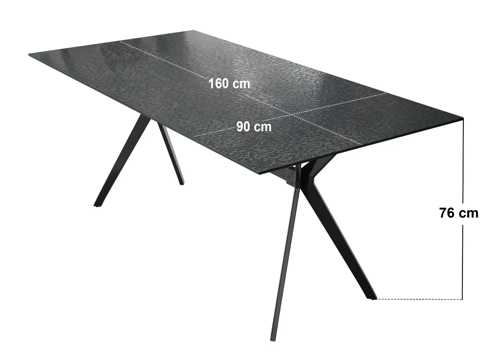 Dimensions diagram for SOLACE+CO Emil & Estella Rectangular Black Mottled Glass Dining Table with 4 Velvet Chairs