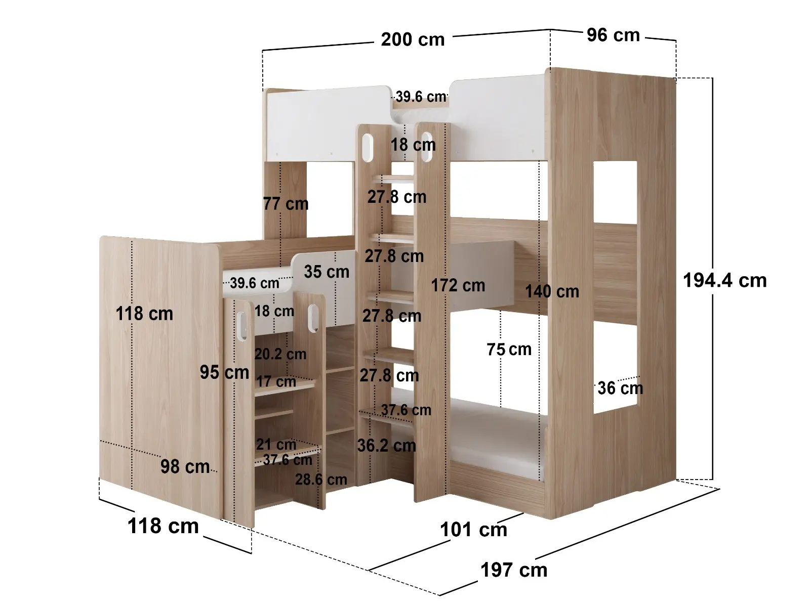 Dimensions diagram for Flair Bode L-Shaped Triple Bunk Bed with Storage Shelves