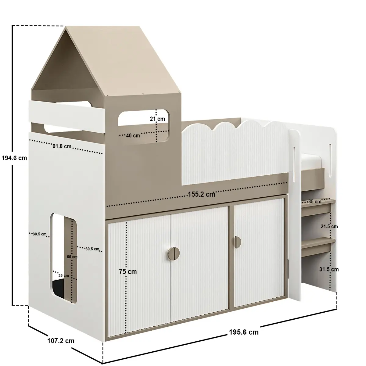 Dimensions diagram for Flair Calista Ribbed House Mid Sleeper Bed with Storage White & Taupe