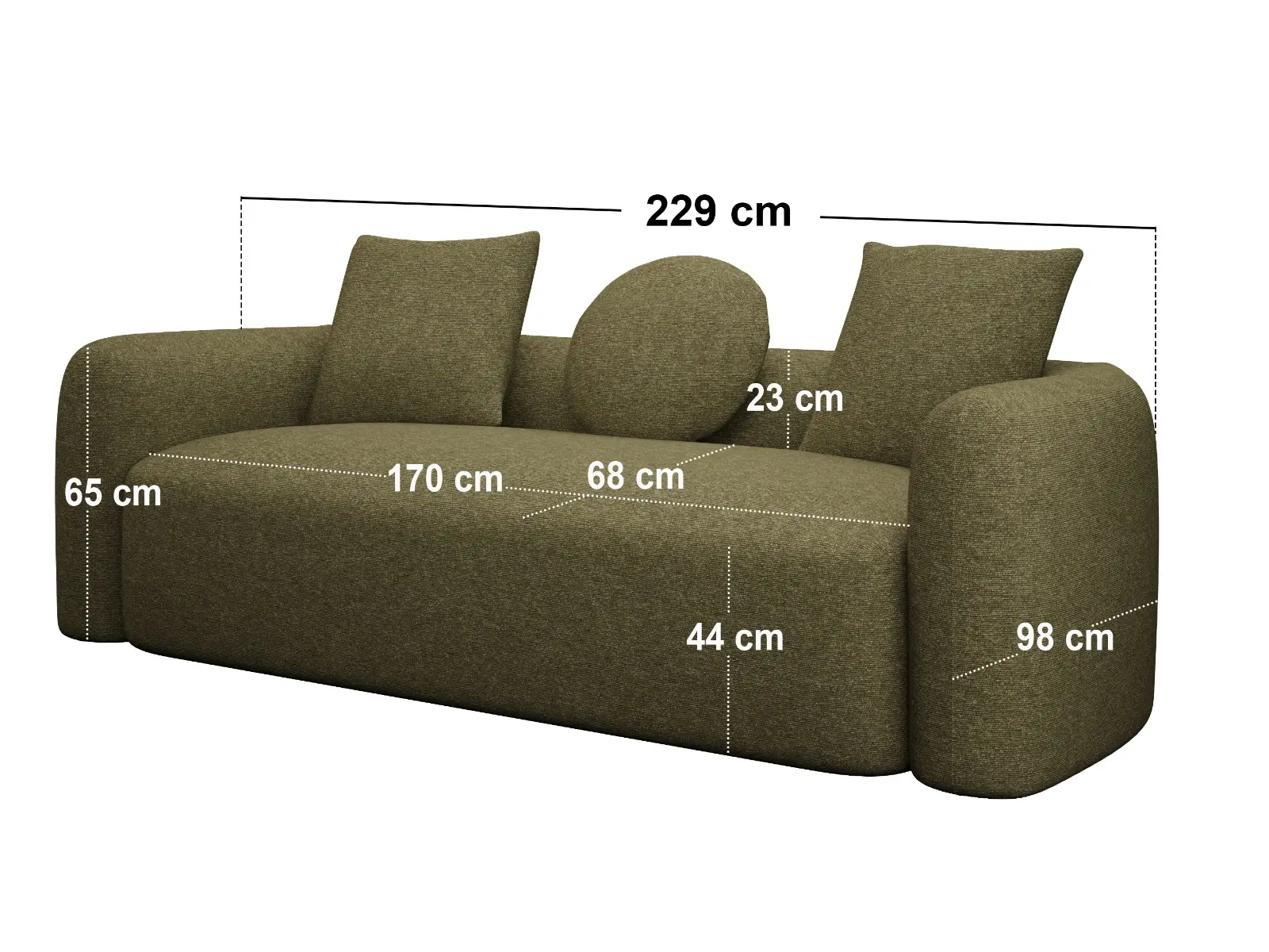 Dimensions diagram for SOLACE+CO Cami 3 Seater Sofa Green Chenille