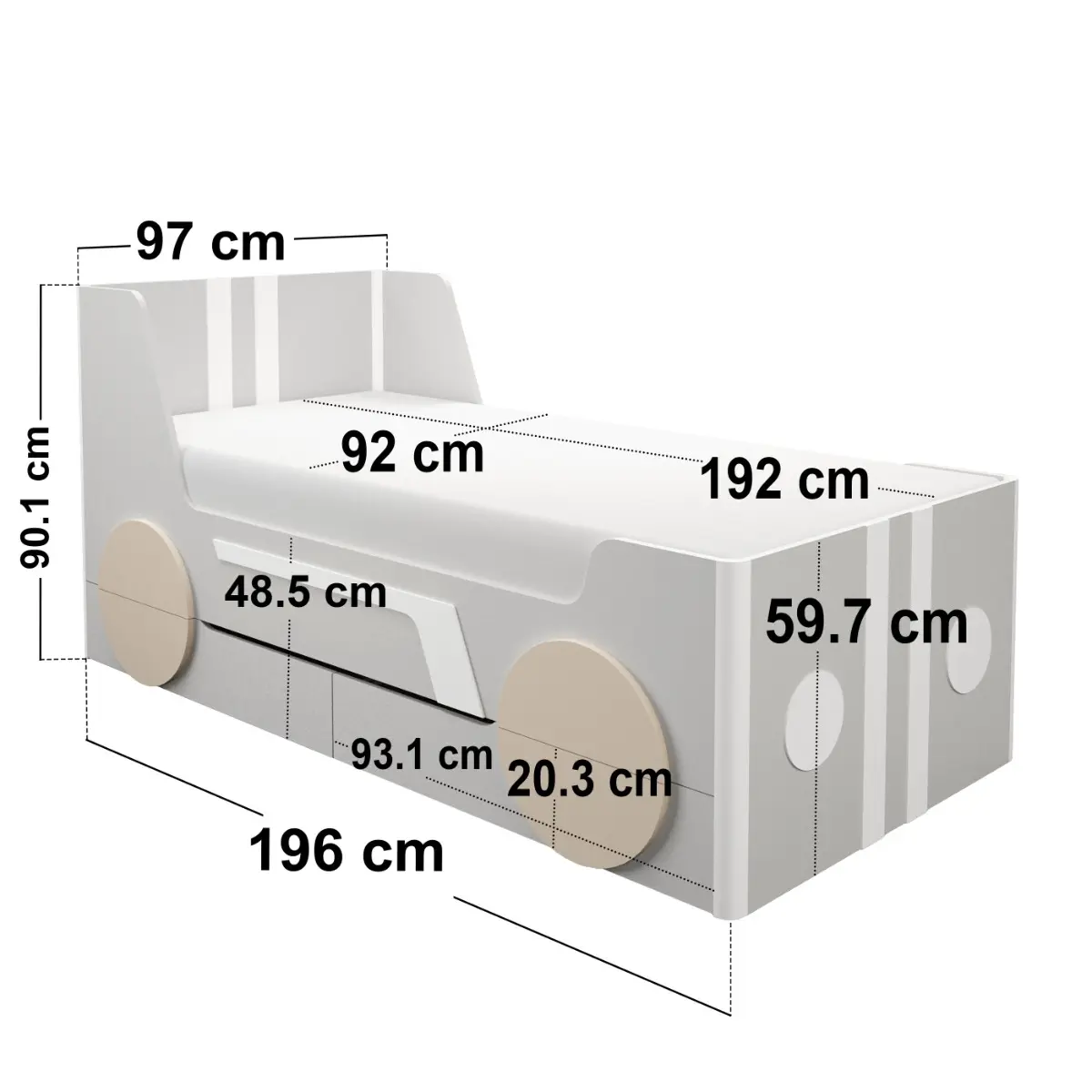 Dimensions diagram for  Flair Cooper Single Car Bed with Drawers Grey