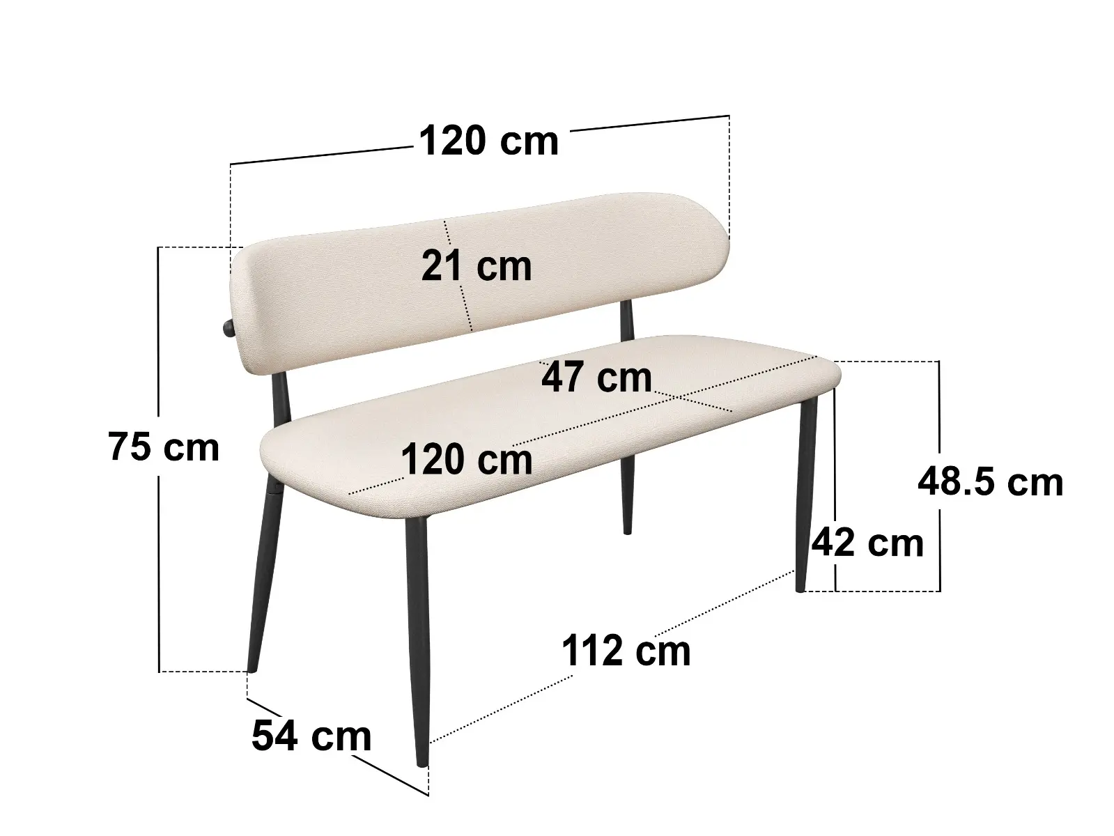Dimensions diagram for SOLACE+CO Cyra Upholstered Dining Bench with Backrest Beige Chenille
