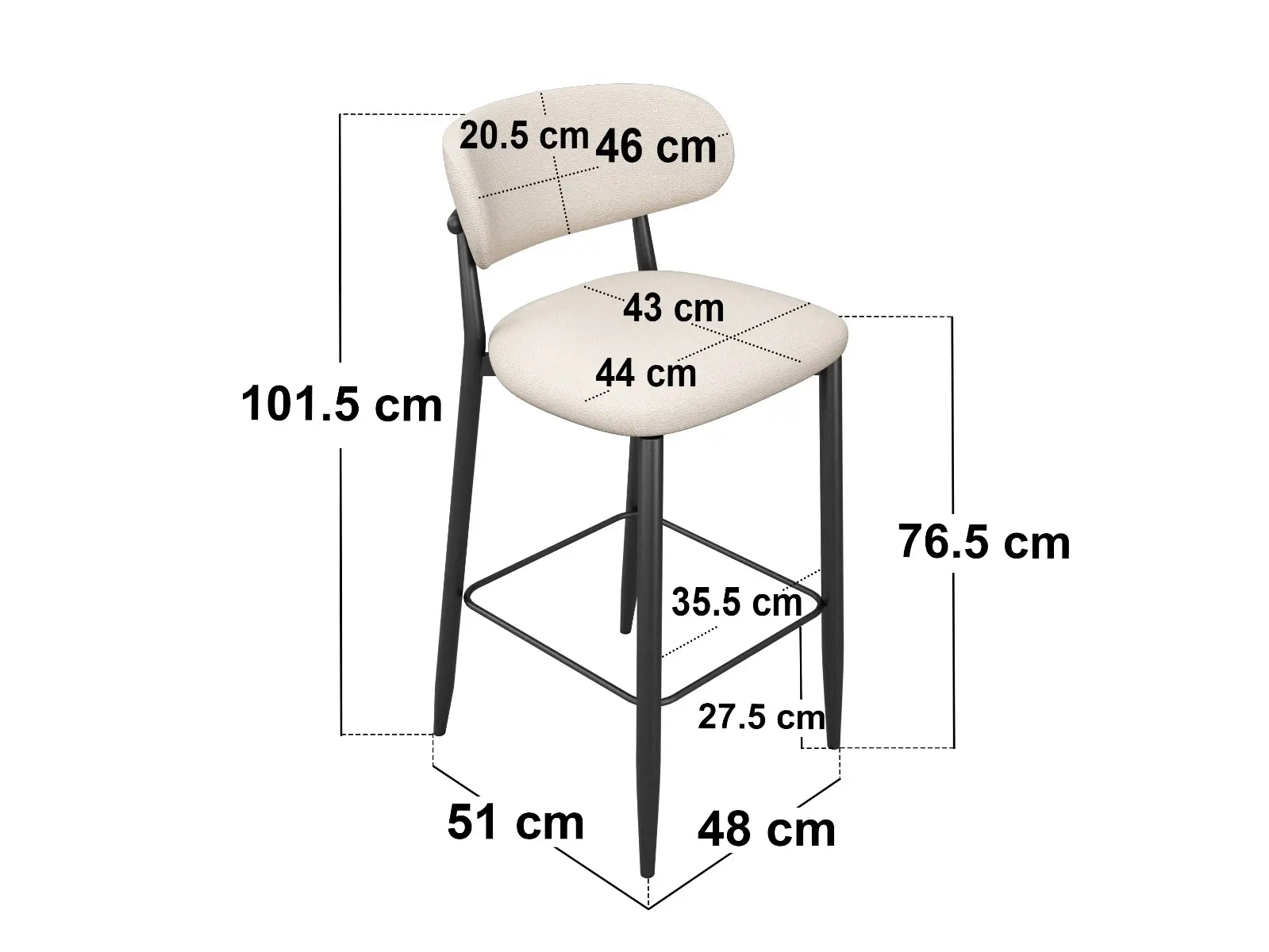 Dimensions diagram for SOLACE+CO Cyra Set of 2 Bar Stools with Curved Back & Footrest Beige Chenille