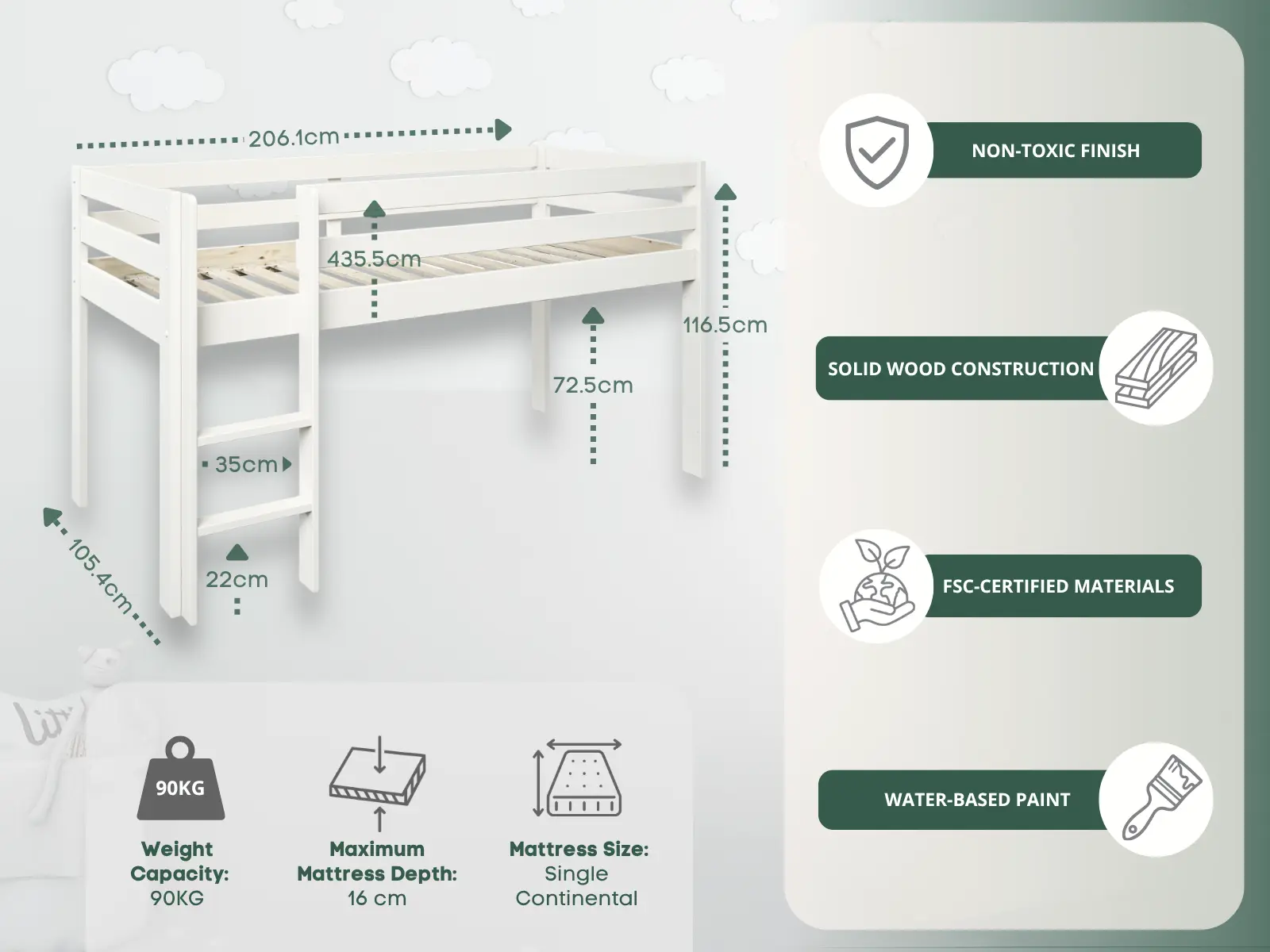Dimensions diagram for Noomi Nora Workstation Mid Sleeper Bed Solid Wood (FSC-Certified) 