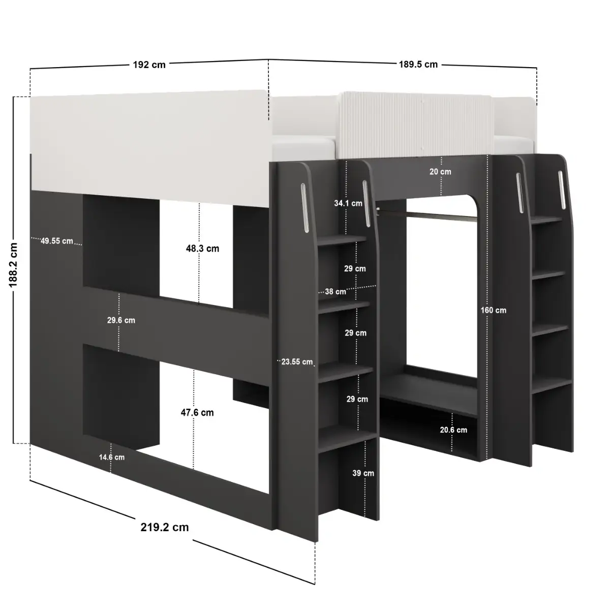 Dimensions diagram for Recoil Dante Twin Gaming High Sleeper with Desk & Wardrobe