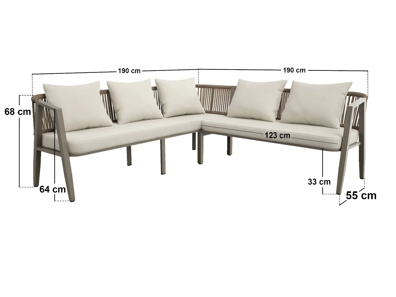 Dimensions diagram for SOLACE+CO Dayton Corner Sofa & Coffee Table Garden Set Beige