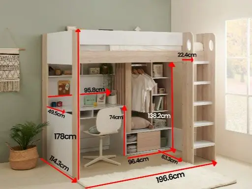 Dimensions diagram for Flair Hampton Single High Sleeper Bed with Desk & Wardrobe White & Grey