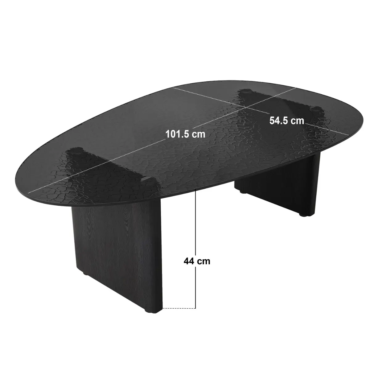 Dimensions diagram for SOLACE+CO Emil Black Glass Oval Coffee Table