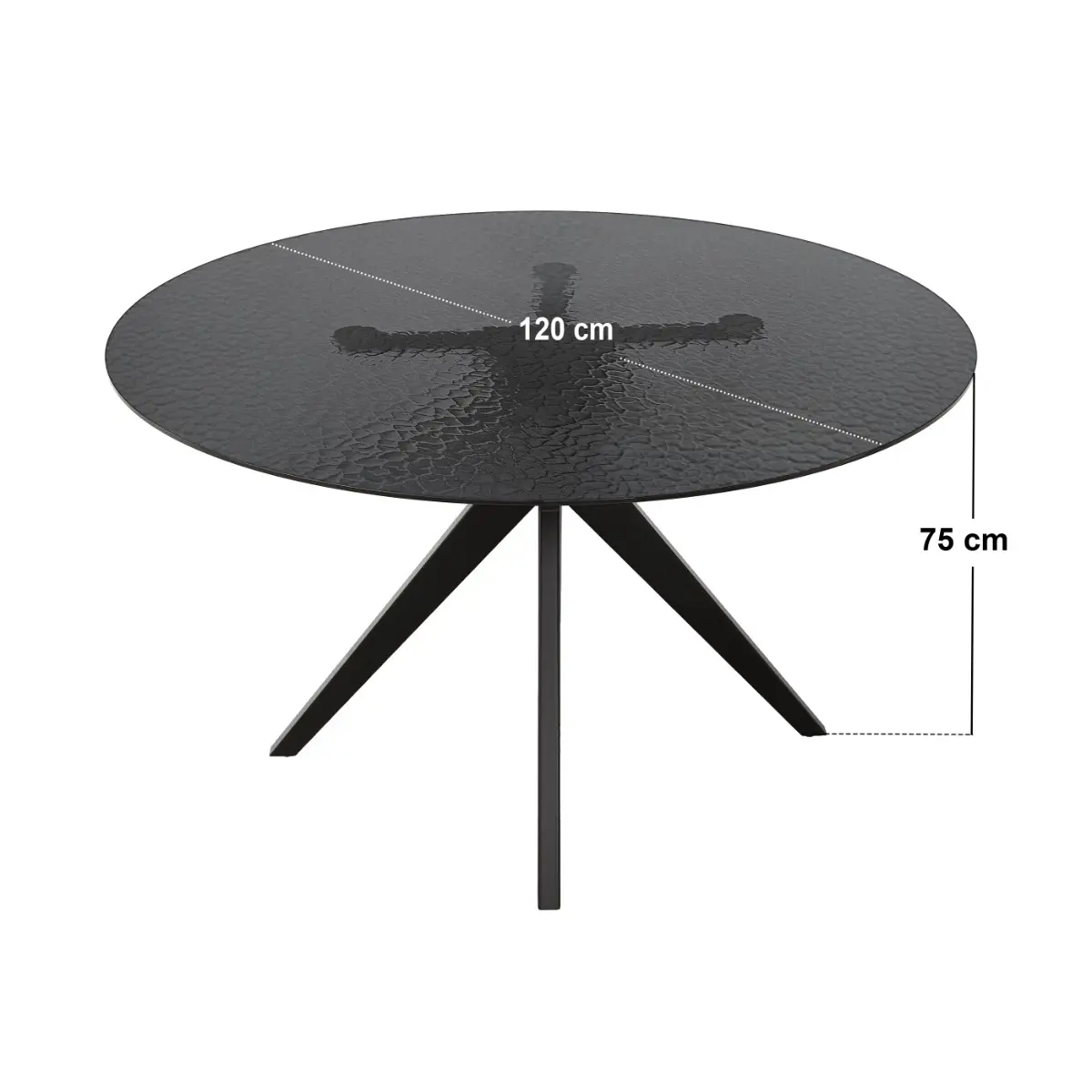 Dimensions diagram for SOLACE+CO Emil 120cm Round Glass Dining Table with Star Base Black