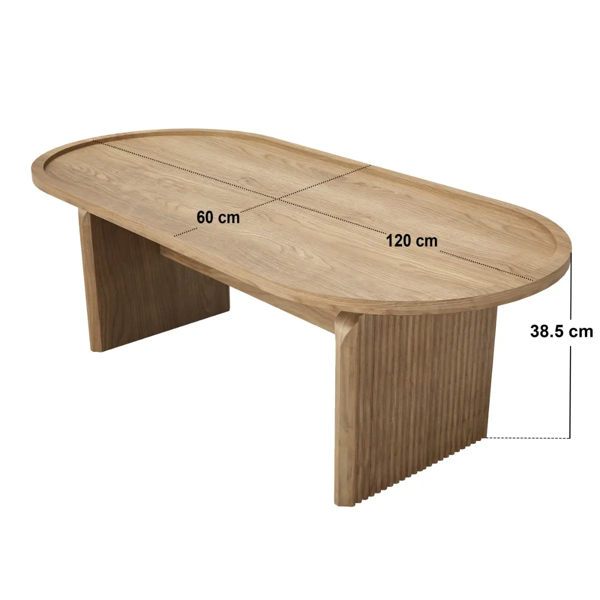Dimensions diagram for SOLACE+CO Varm Ribbed Wooden Oval Coffee Table Oak