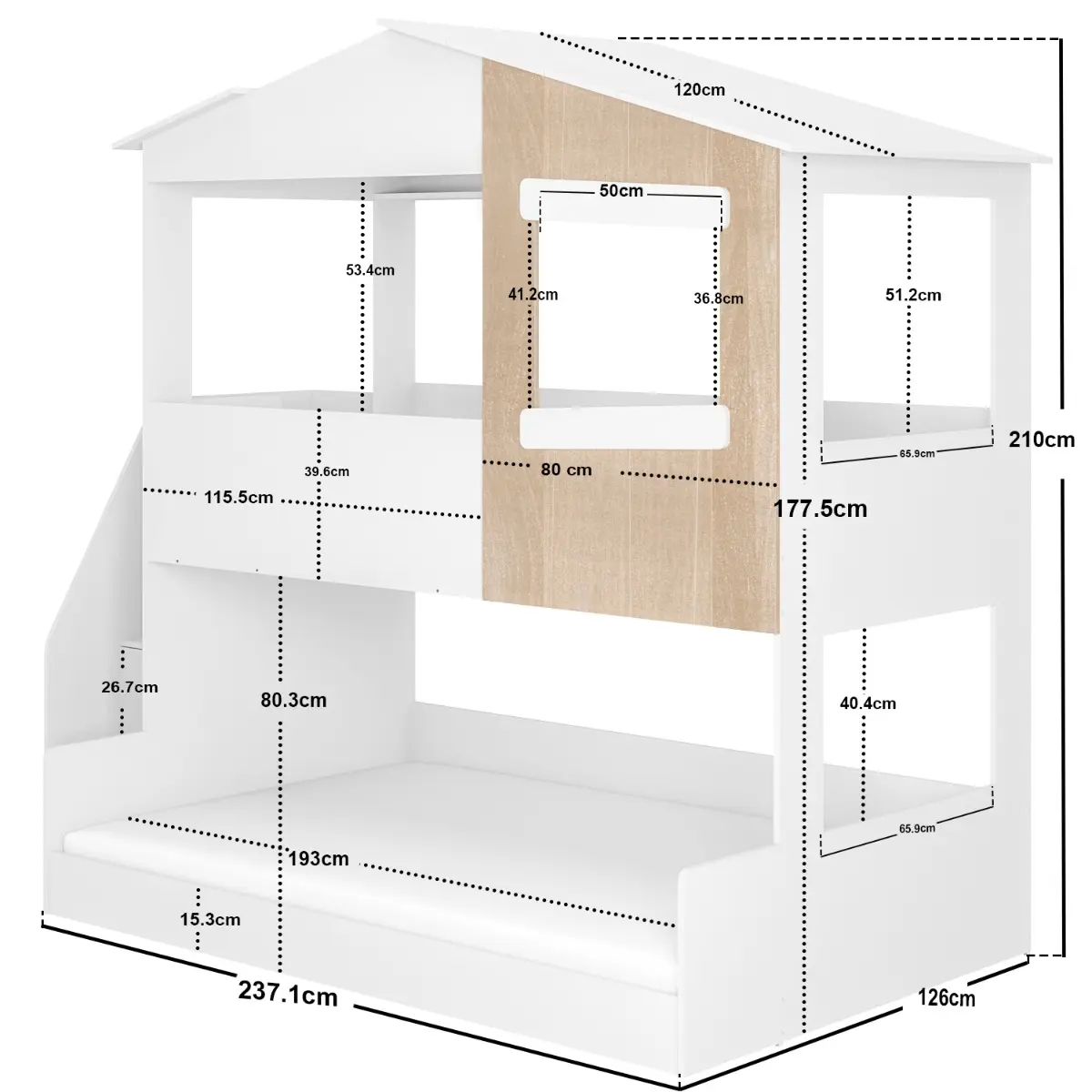 Dimensions diagram for Flair Dreamland House Triple Bunk Bed with Staircase
