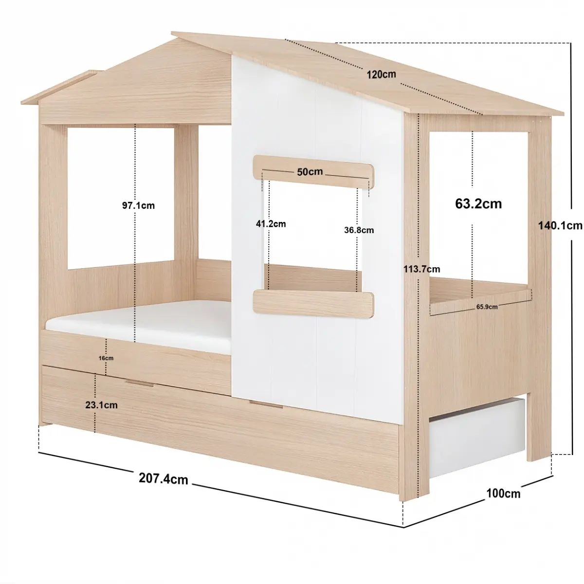 Dimensions diagram for Flair Dreamland House Bed With Trundle Oak & White