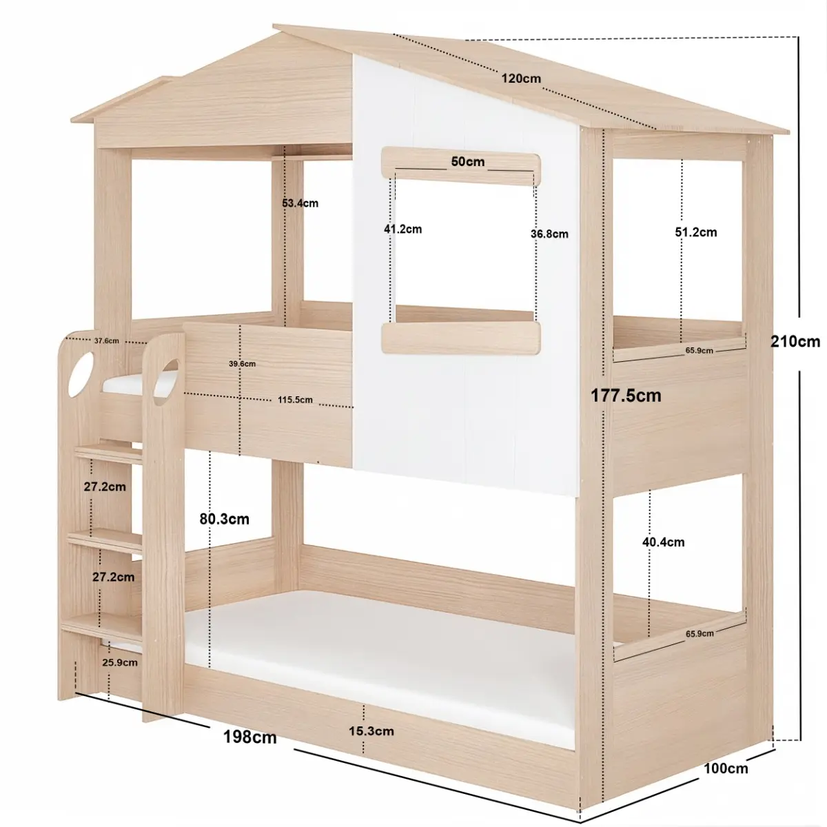 Dimensions diagram for Flair Dreamland House Bunk Bed Oak & White