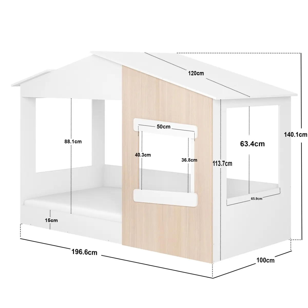 Dimensions diagram for Flair Dreamland Montessori House Floor Bed White & Oak