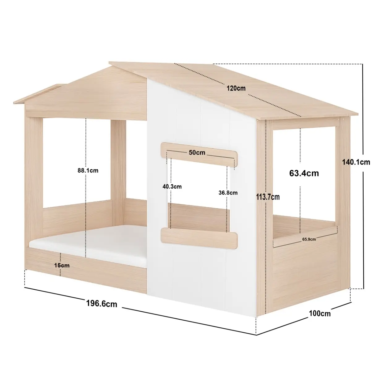 Dimensions diagram for Flair Dreamland Montessori House Floor Bed Oak & White