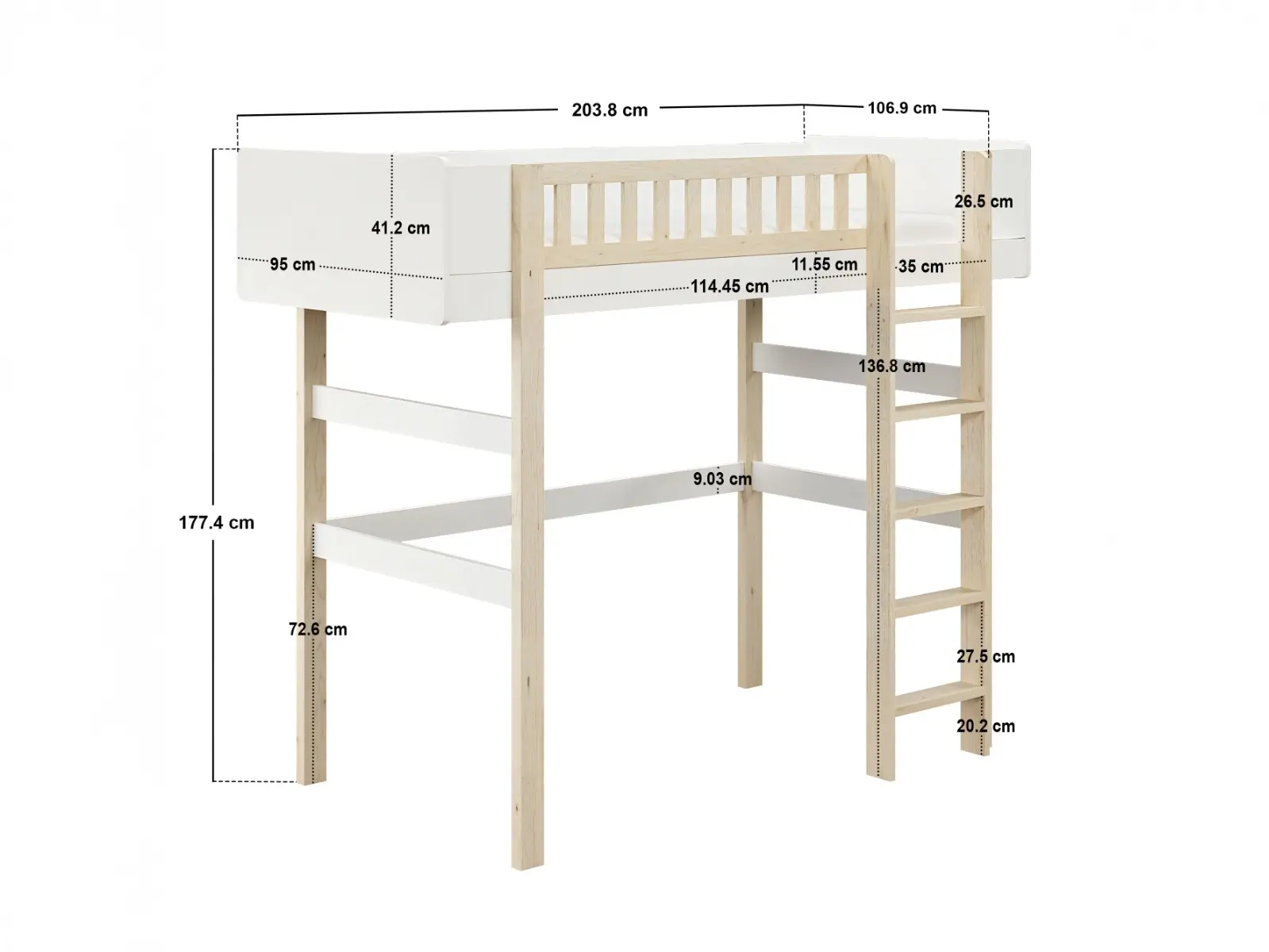 Dimensions diagram for Noomi Kayla High Sleeper Bed White (FSC-Certified)