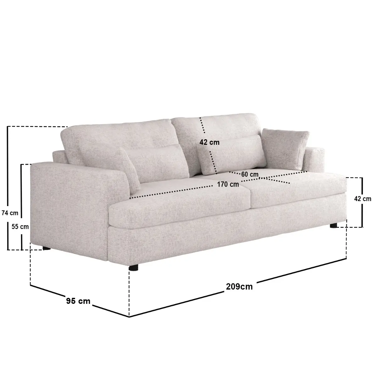 Dimensions diagram for SOLACE+CO Drew 3 Seater Sofa Cream Chenille