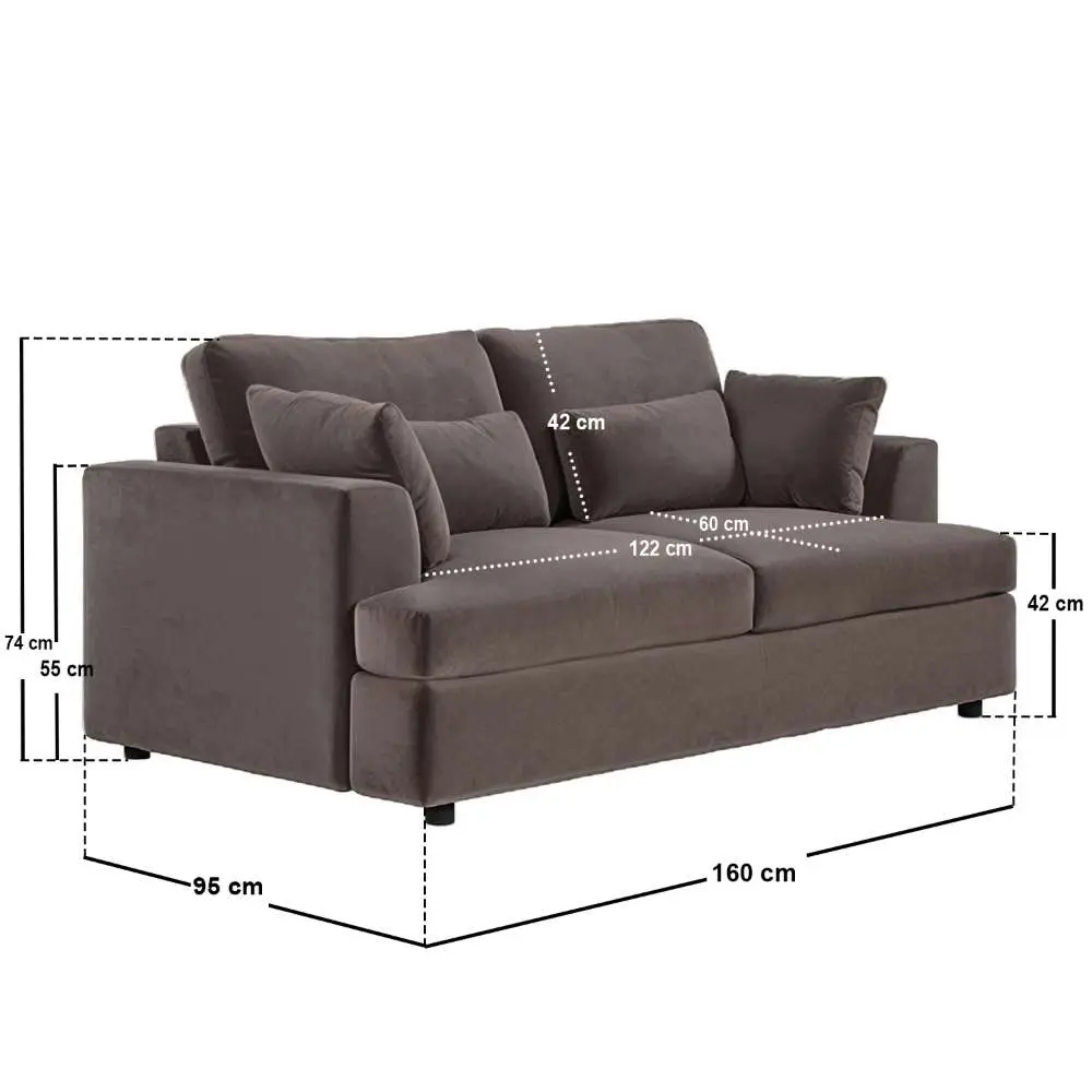 Dimensions diagram for SOLACE+CO Drew 2 Seater Mocha Velvet Sofa