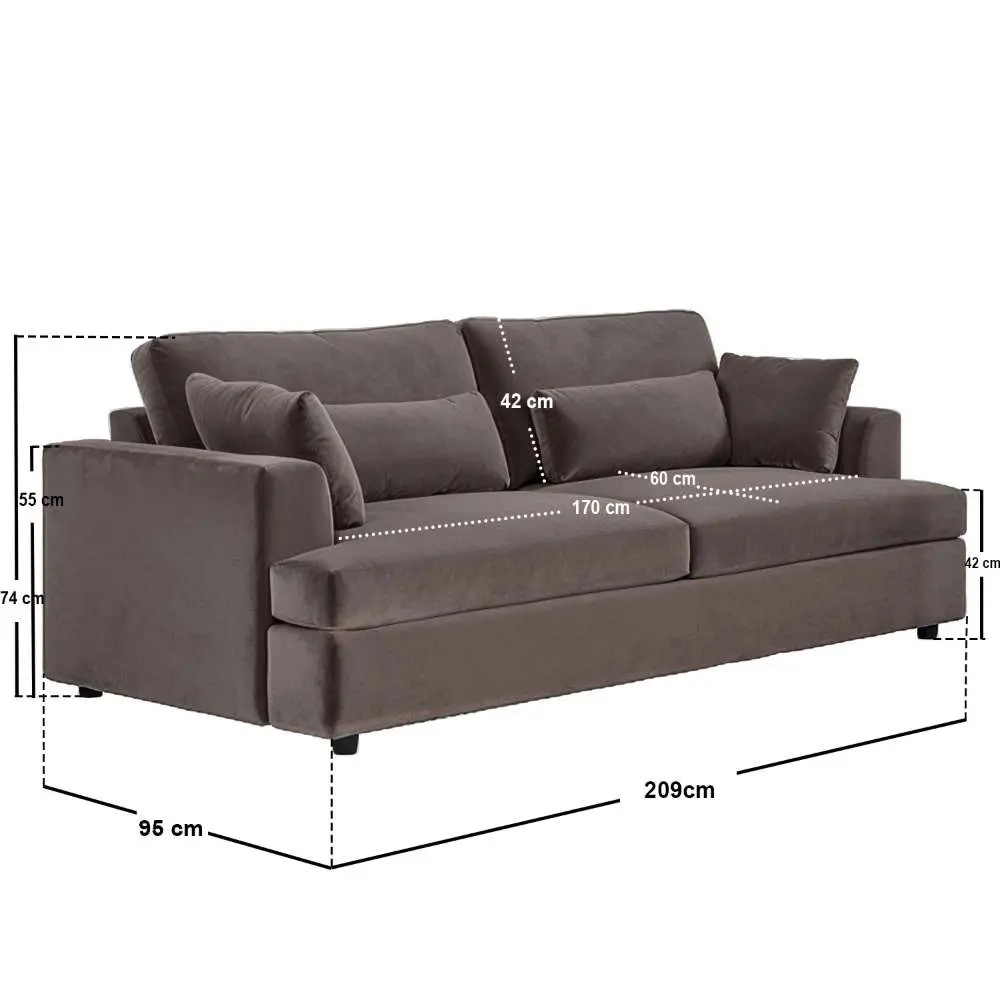 Dimensions diagram for SOLACE+CO Drew 3 Seater Mocha Velvet Sofa