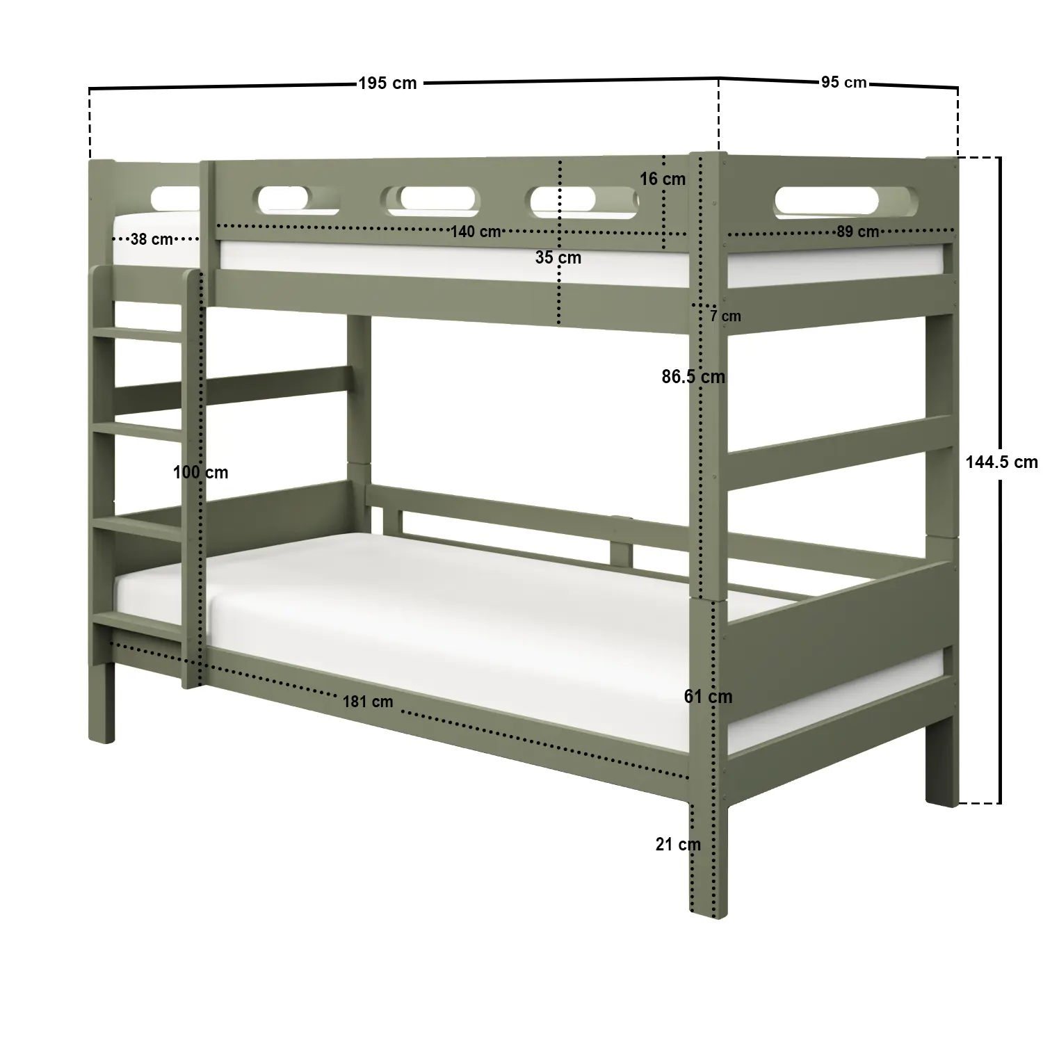 Dimensions diagram for Flair Elijah Detachable Wooden Bunk Bed Green