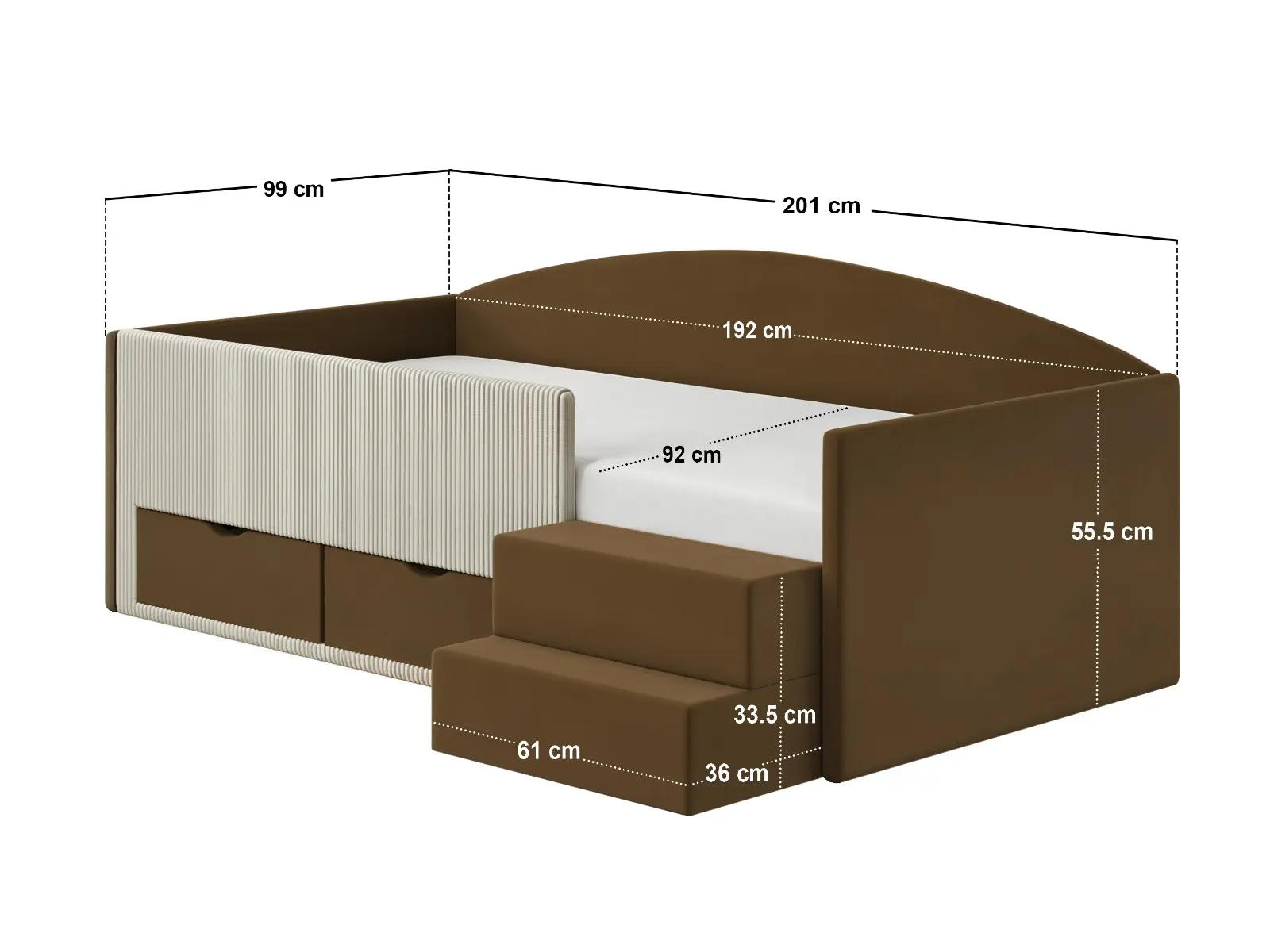 Dimensions diagram for Flair Elisa Velvet Storage Low Sleeper Bed with Beige Cord Brown