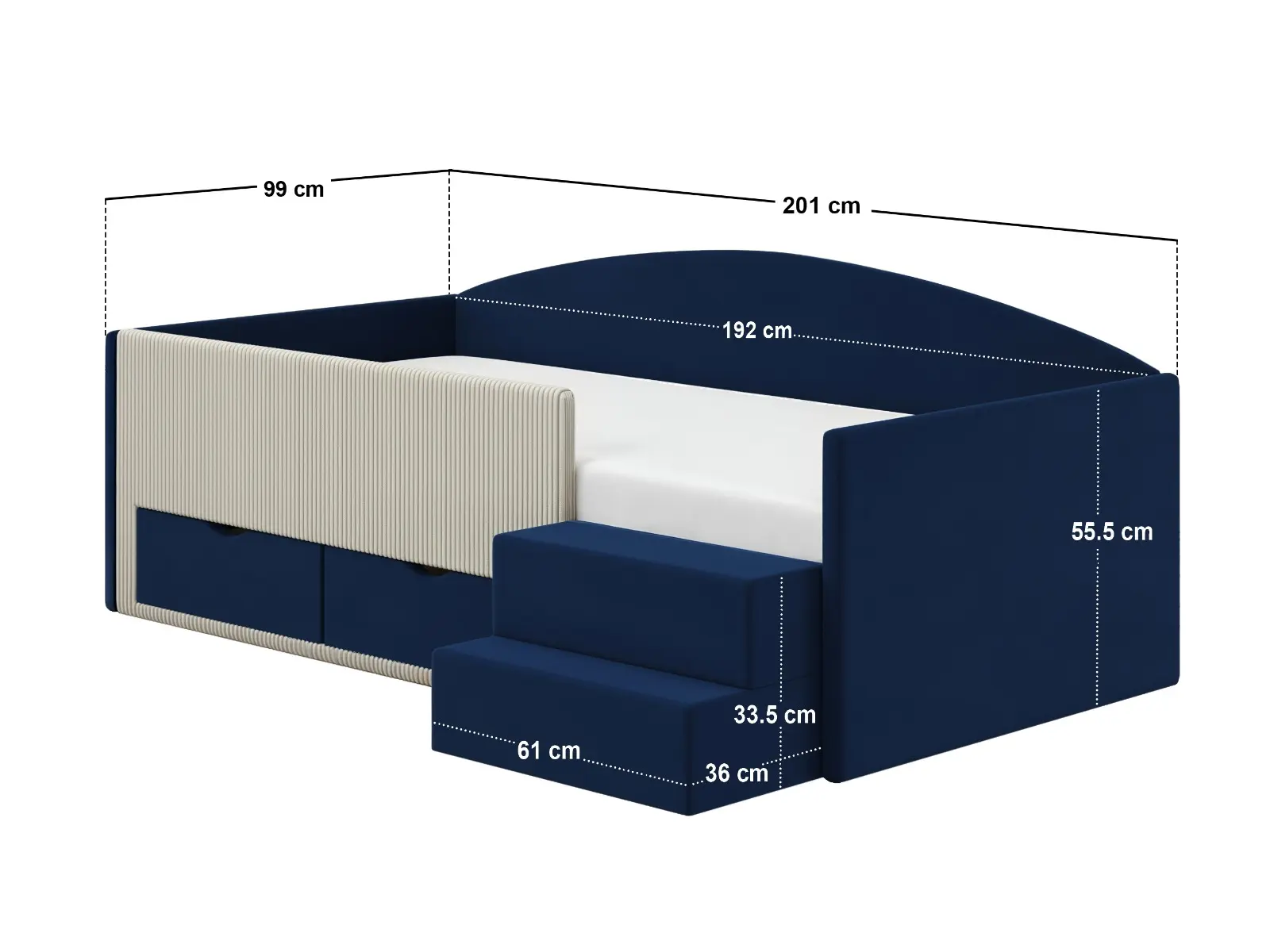 Dimensions diagram for Flair Elisa Velvet Storage Low Sleeper Bed with Beige Cord Blue