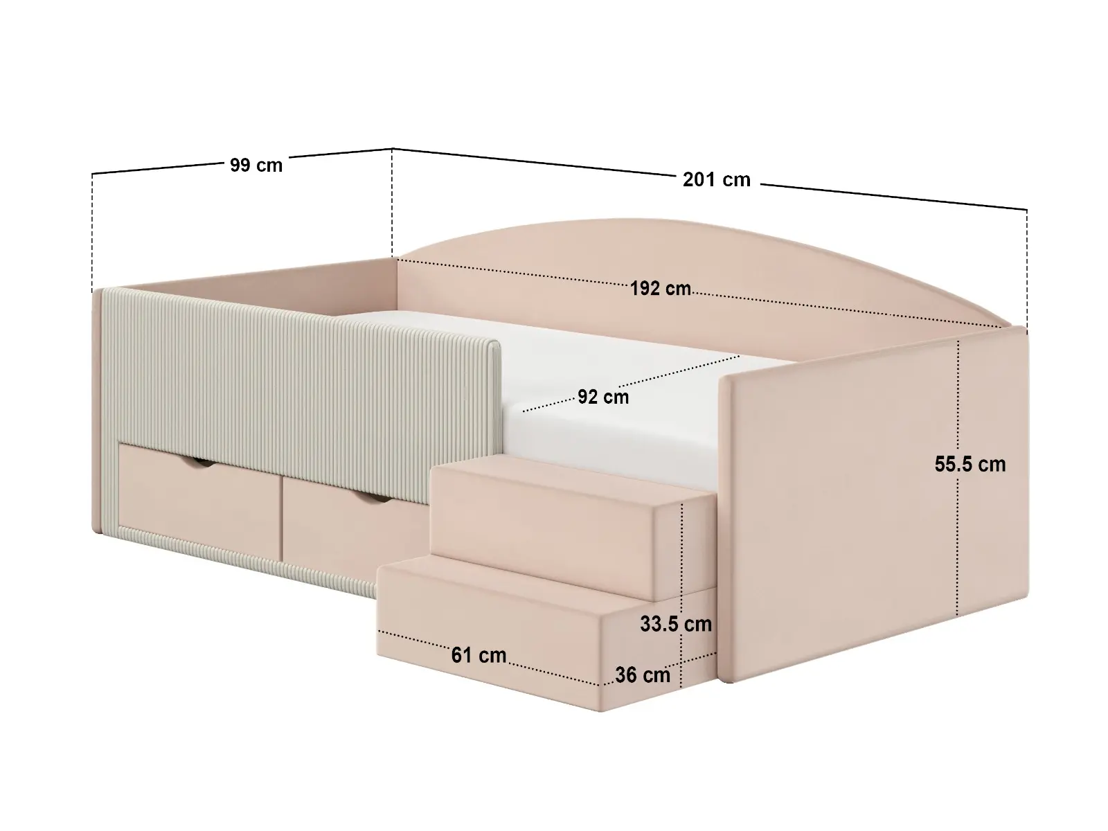 Dimensions diagram for Flair Elisa Velvet Storage Low Sleeper Bed with Beige Cord Pink