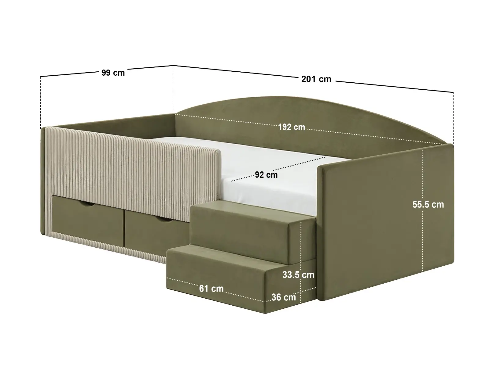 Dimensions diagram for Flair Elisa Velvet Storage Low Sleeper Bed with Beige Cord