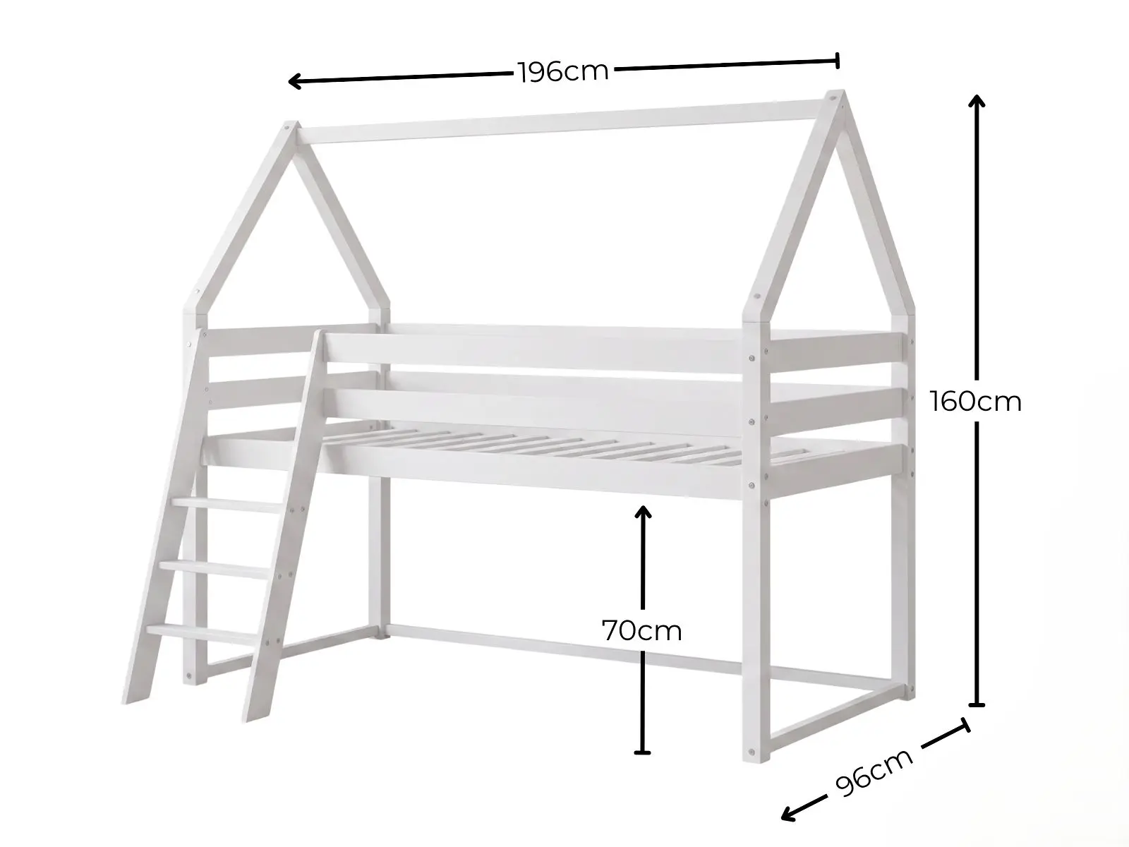 Dimensions diagram for Flair Ellie House Mid Sleeper Bed White Solid Wood