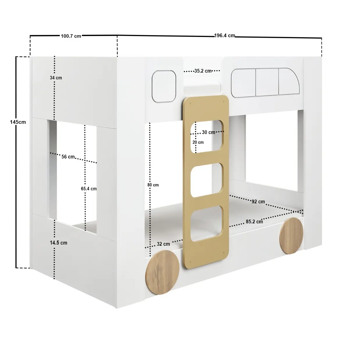 Dimensions diagram for Flair Eloise Bus Bunk Bed White