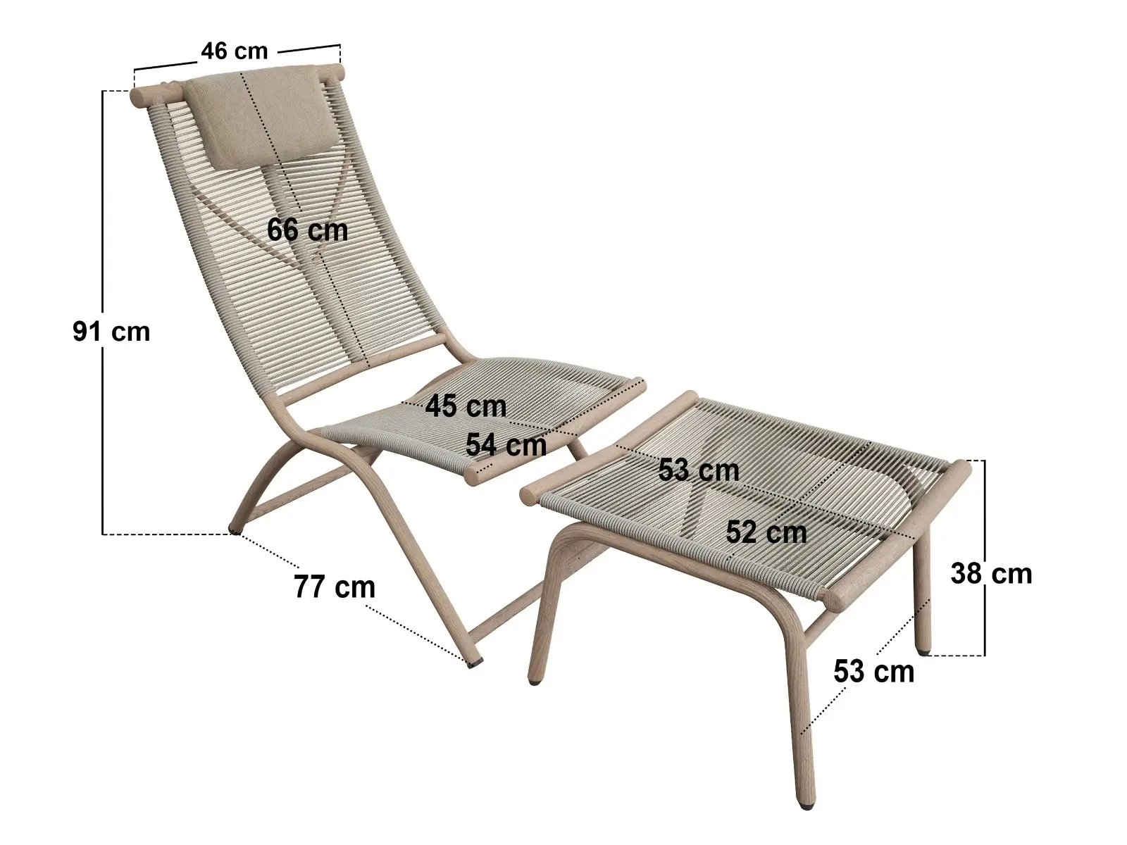 Dimensions diagram for SOLACE+CO Esen Garden Lounge Chair with Footstool Beige