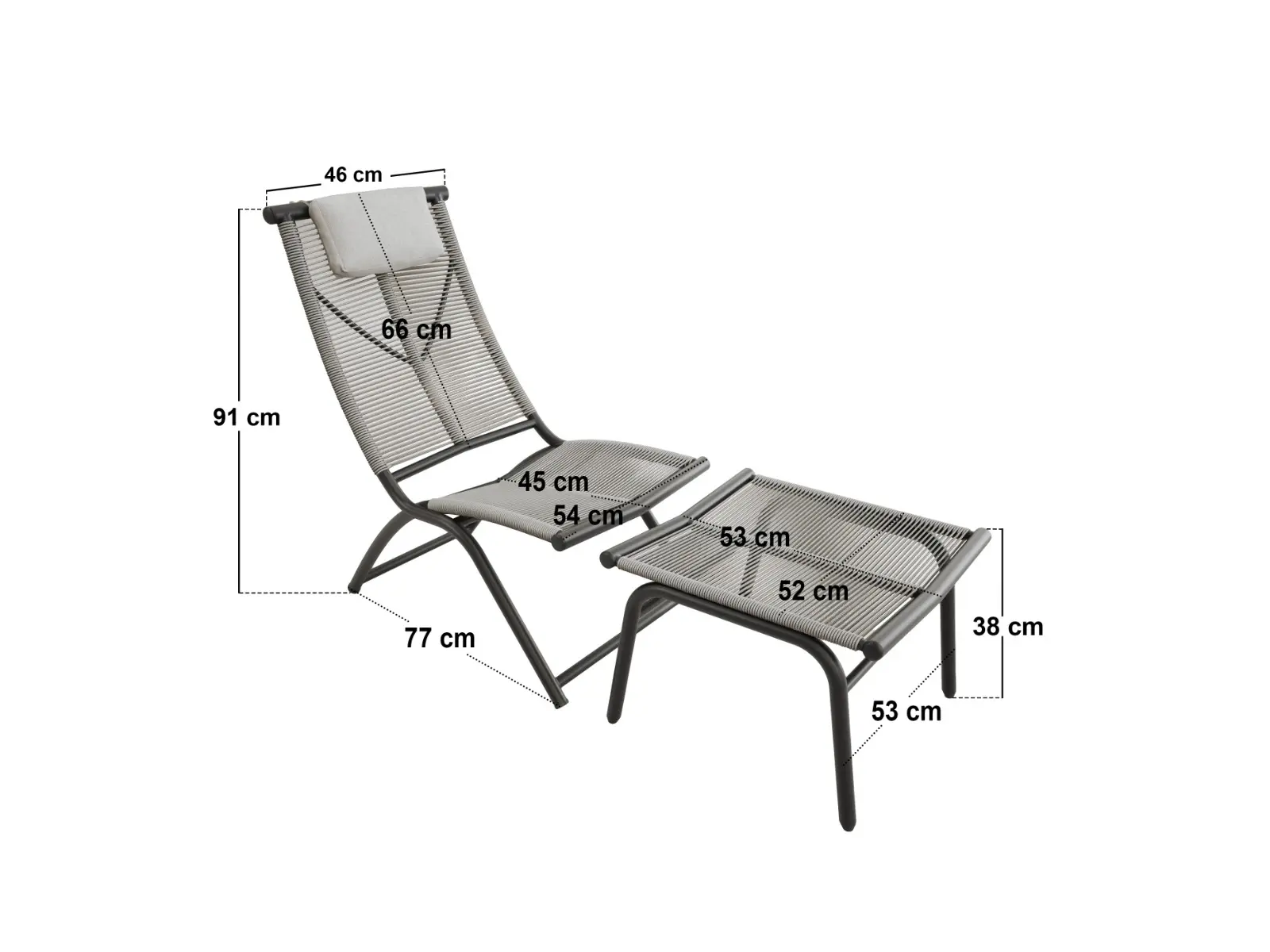 Dimensions diagram for SOLACE+CO Esen Set of 2 Garden Lounge Chairs with Footstool Dark Brown
