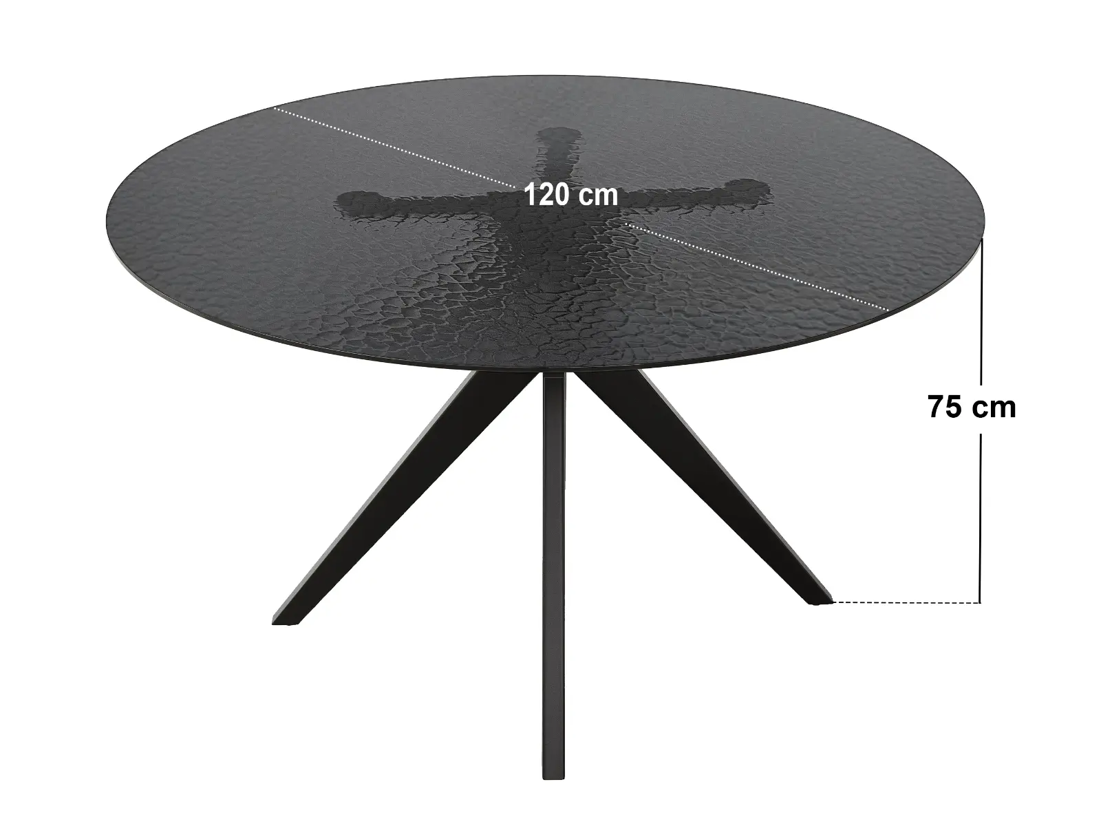 Dimensions diagram for SOLACE+CO Emil & Estella Round Black Mottled Glass Dining Table with 4 Beige Chairs