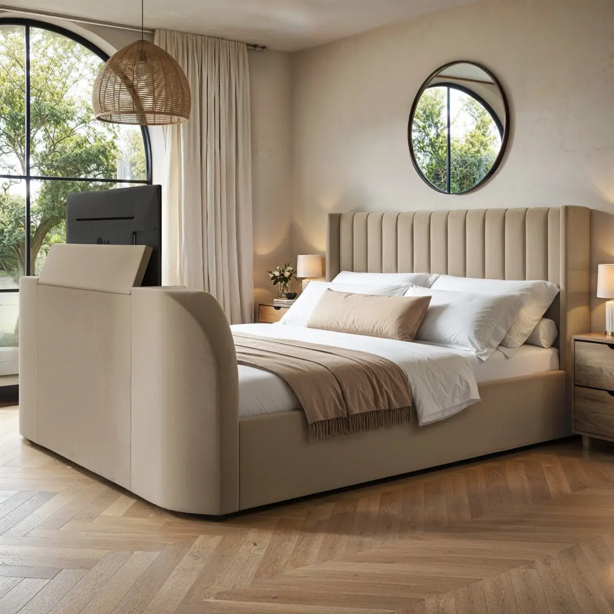 Flair Fallon TV Side Lift Ottoman Bed Beige Velvet