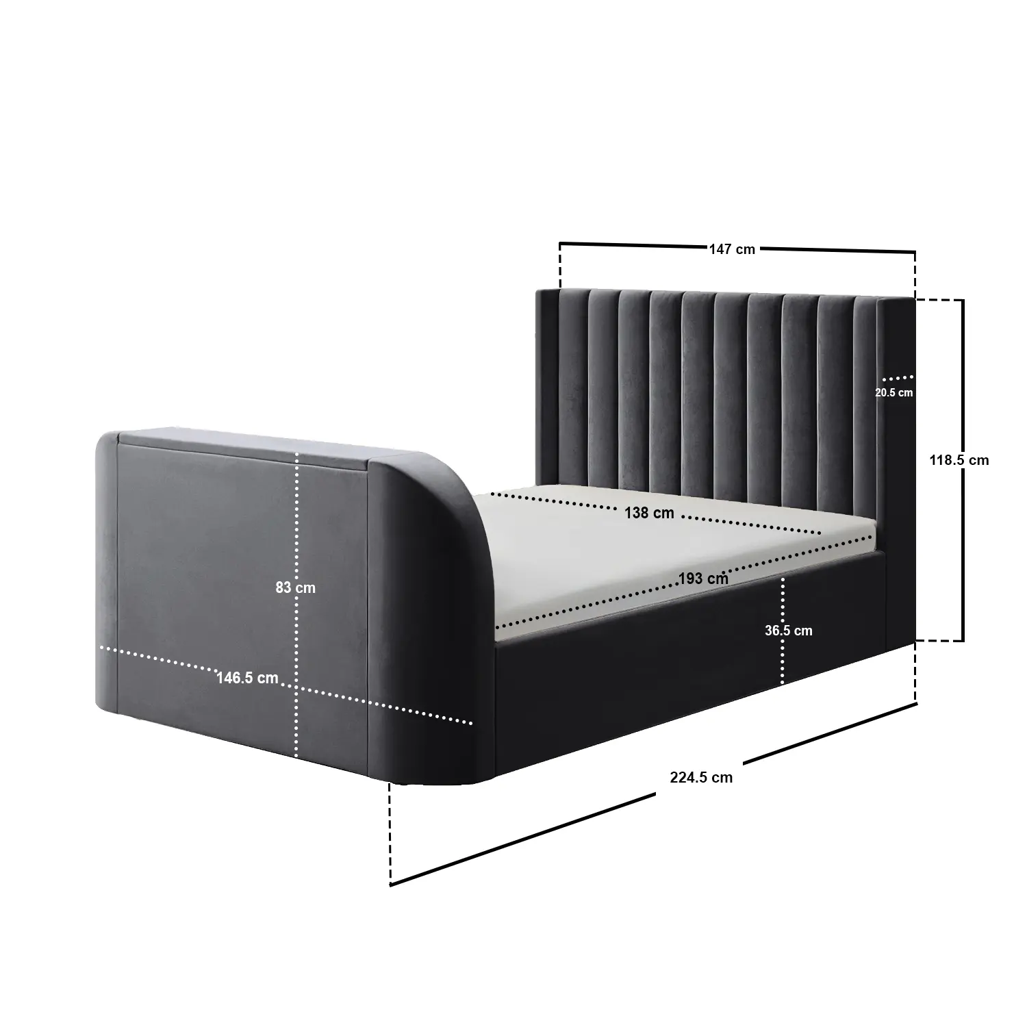 Dimensions diagram for Flair Fallon TV Side Lift Ottoman Bed Charcoal Velvet Double
