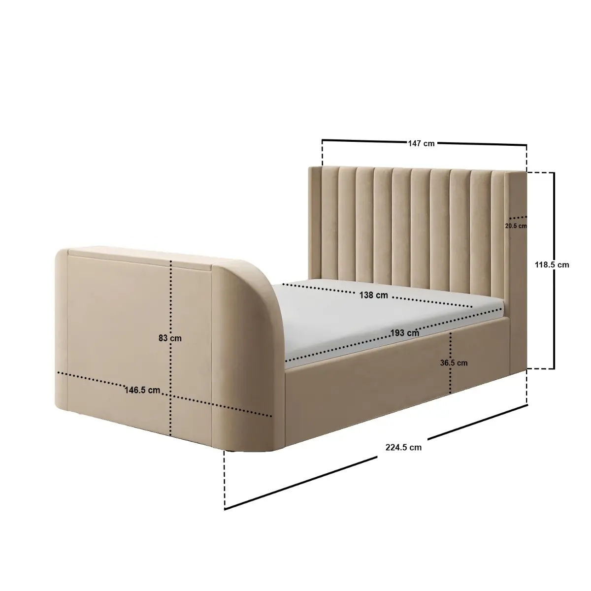 Dimensions diagram for Flair Fallon TV Side Lift Ottoman Bed Beige Velvet