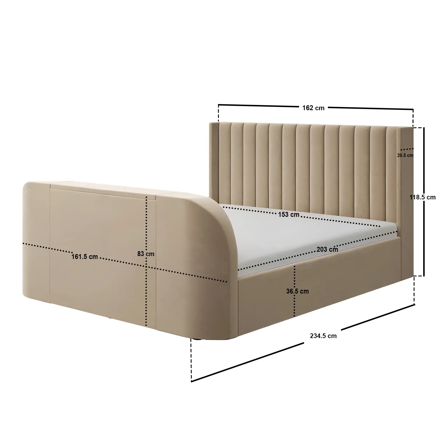 Dimensions diagram for Flair Fallon TV Side Lift Ottoman Bed Beige Velvet Kingsize