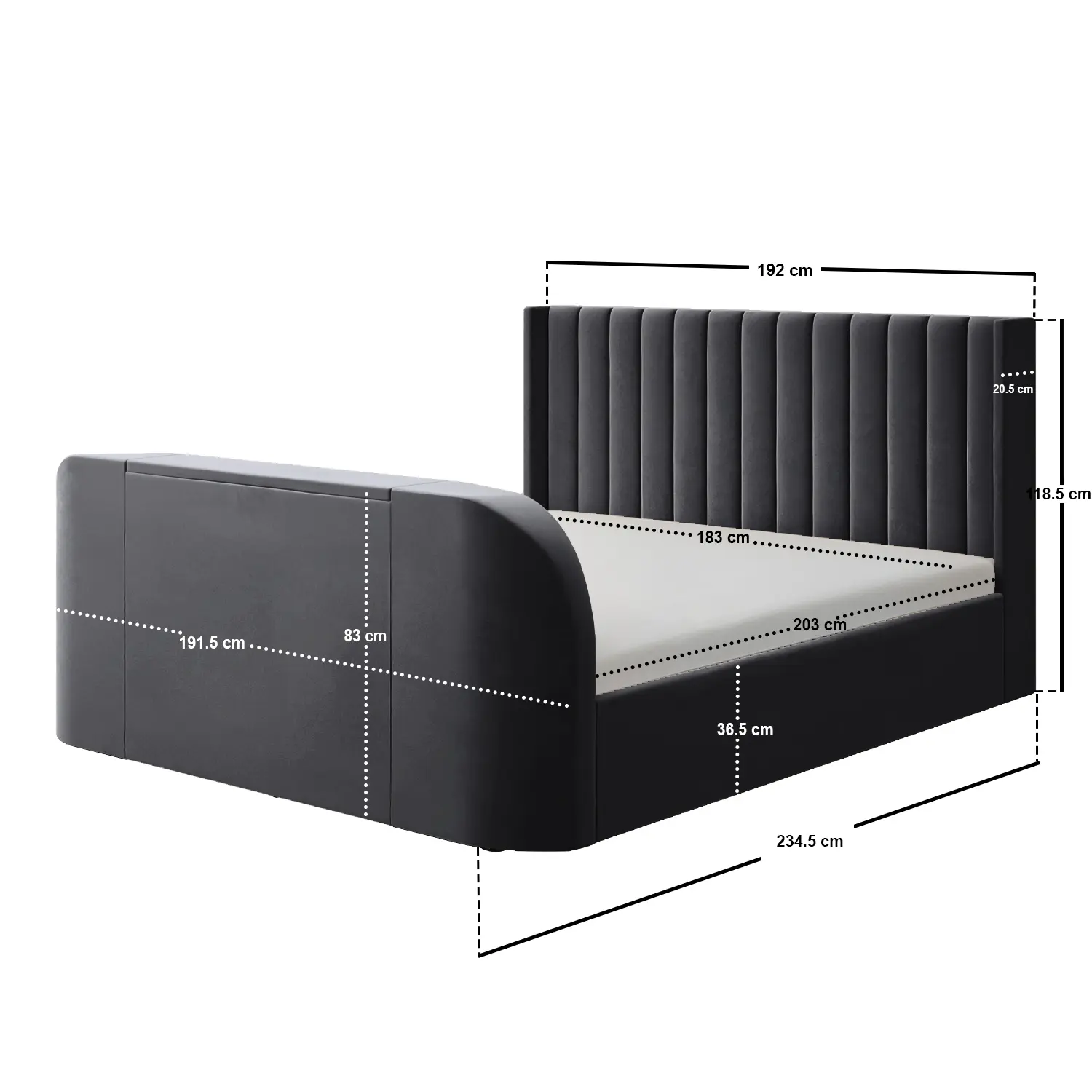 Dimensions diagram for Flair Fallon TV Side Lift Ottoman Bed Charcoal Velvet SuperKing