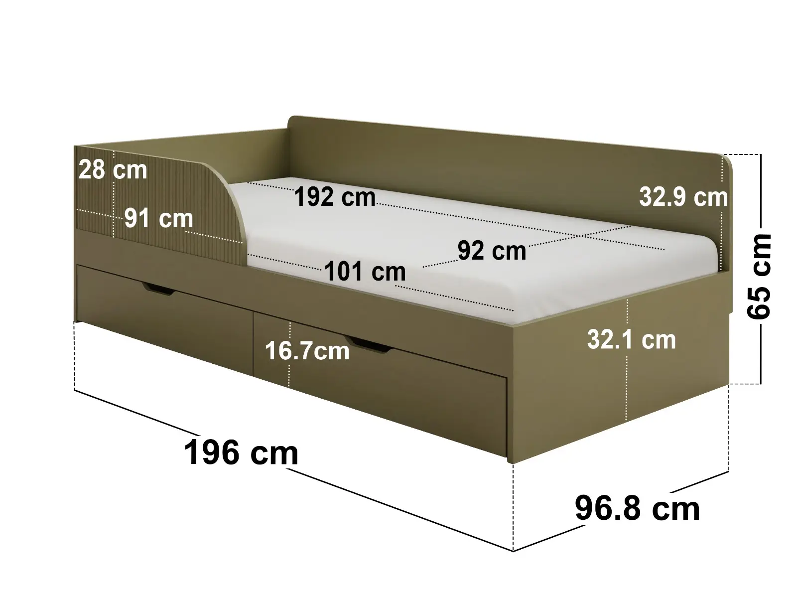 Dimensions diagram for Flair Aris Single Montessori Bed with Storage Drawers Olive Green