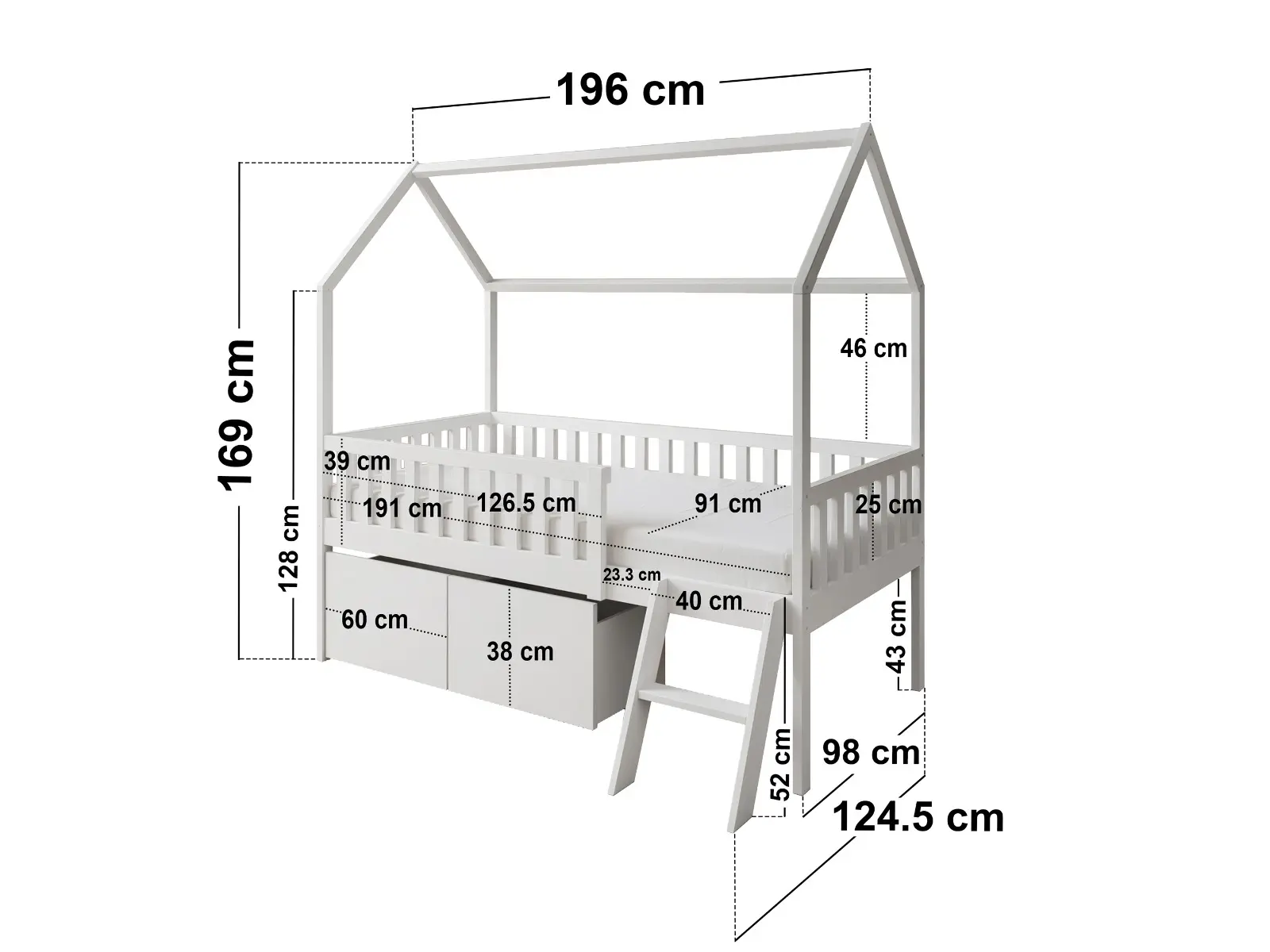 Dimensions diagram for  Flair Explorer Single Mid Sleeper House Bed with Safety Rails & Toy Box 
