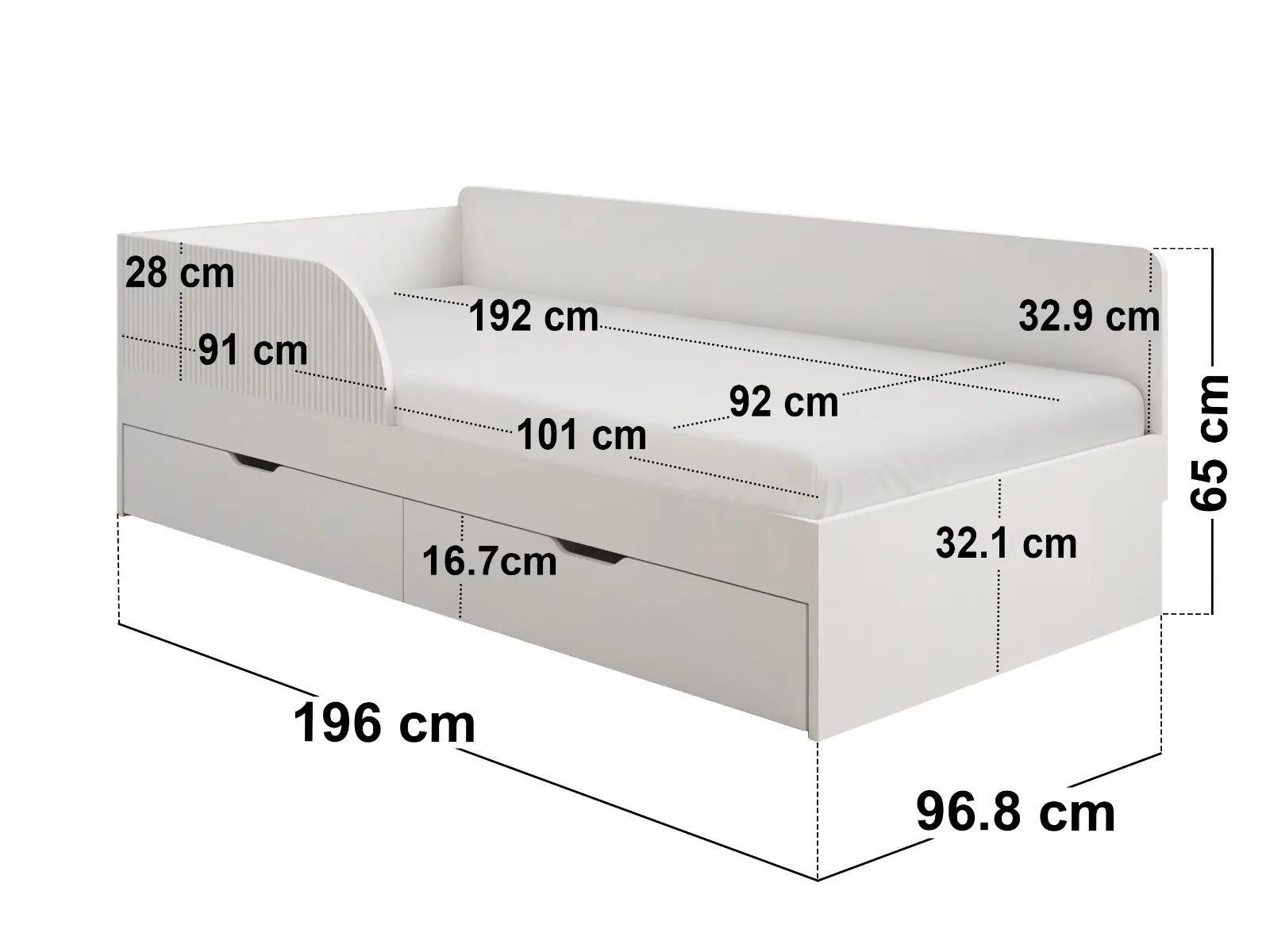 Dimensions diagram for Flair Aris Single Montessori Bed with Storage Drawers White