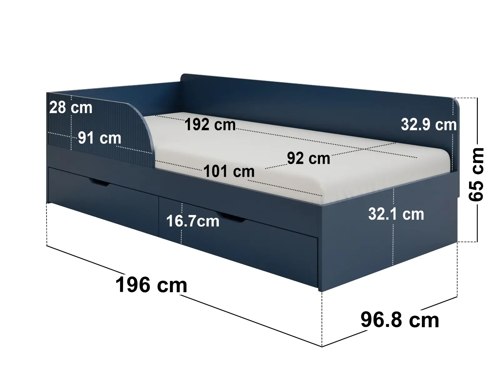 Dimensions diagram for Flair Aris Single Montessori Bed with 2 Storage Drawers 