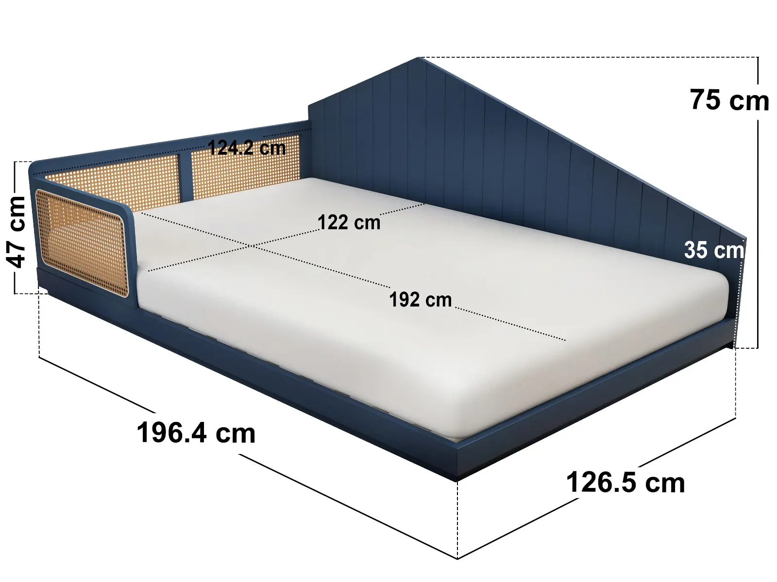 Dimensions diagram for Flair Carter Small Double Montessori Bed with Rattan Panels Navy